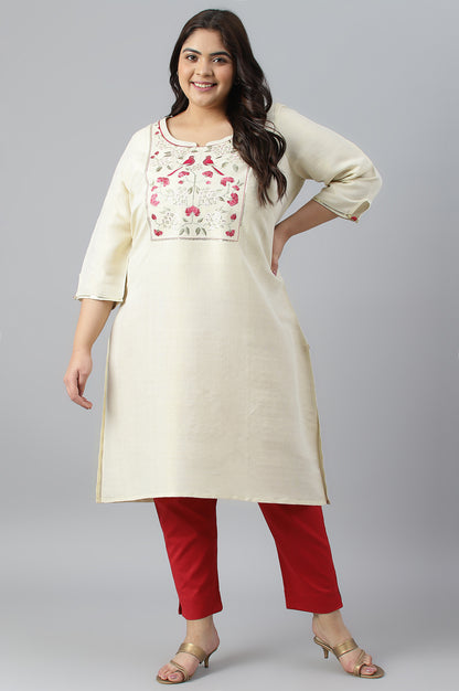 Off White Zari Embroidered Cotton Dobby Plus Size kurta