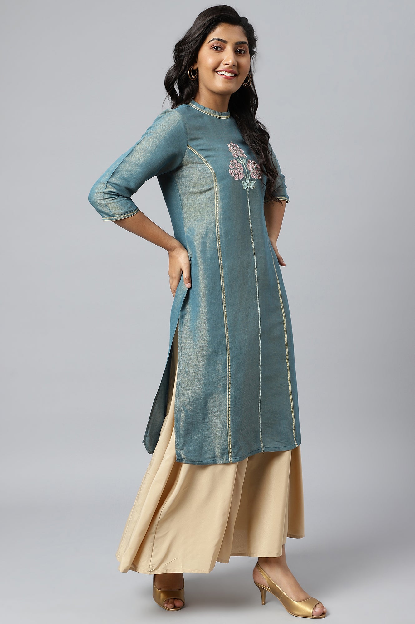 Blue Dual Tone Zari Embroidered kurta