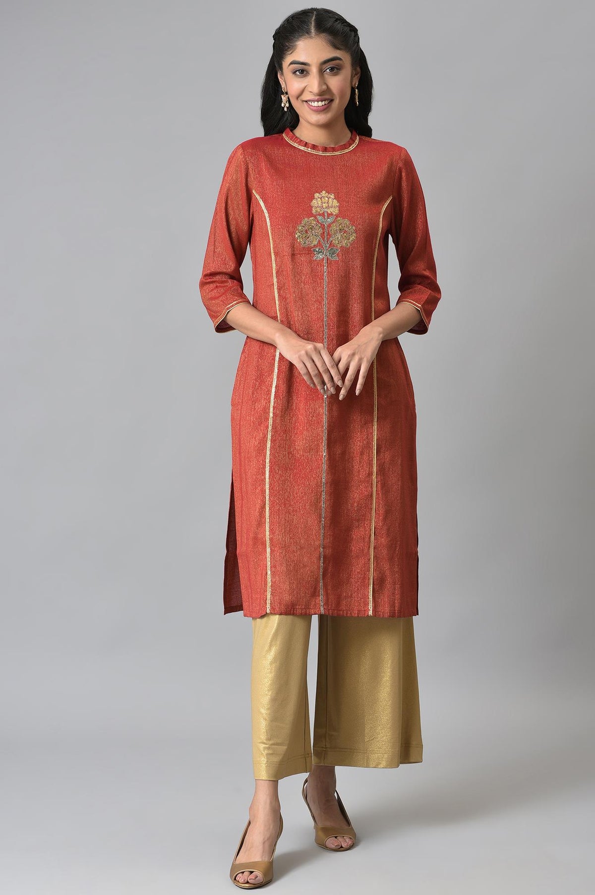 Red Dual Tone Zari Embroidered kurta - XS