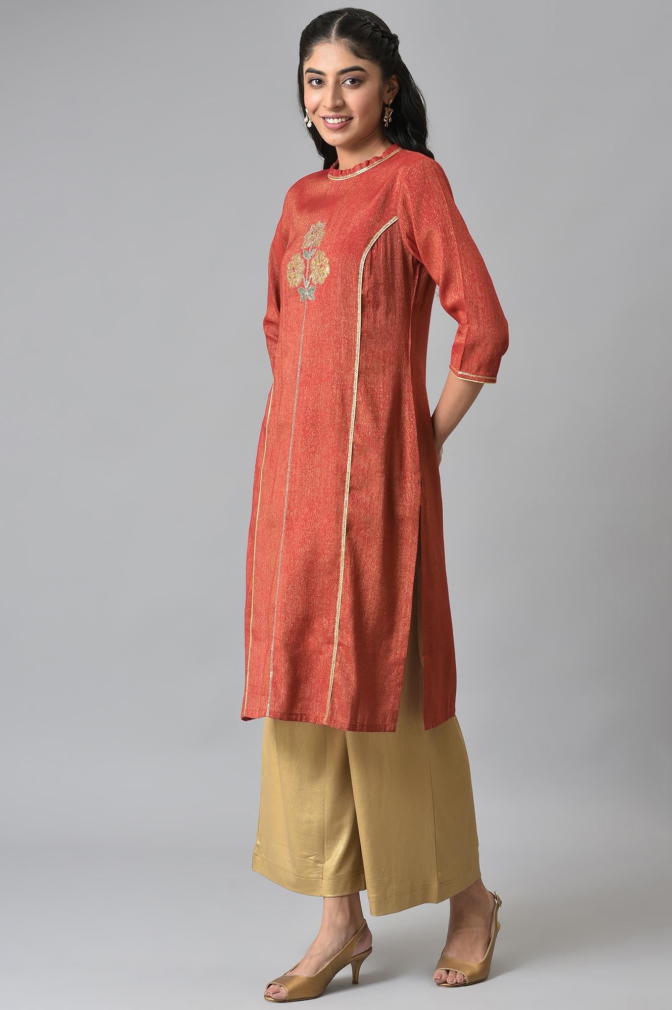 Red Dual Tone Zari Embroidered kurta