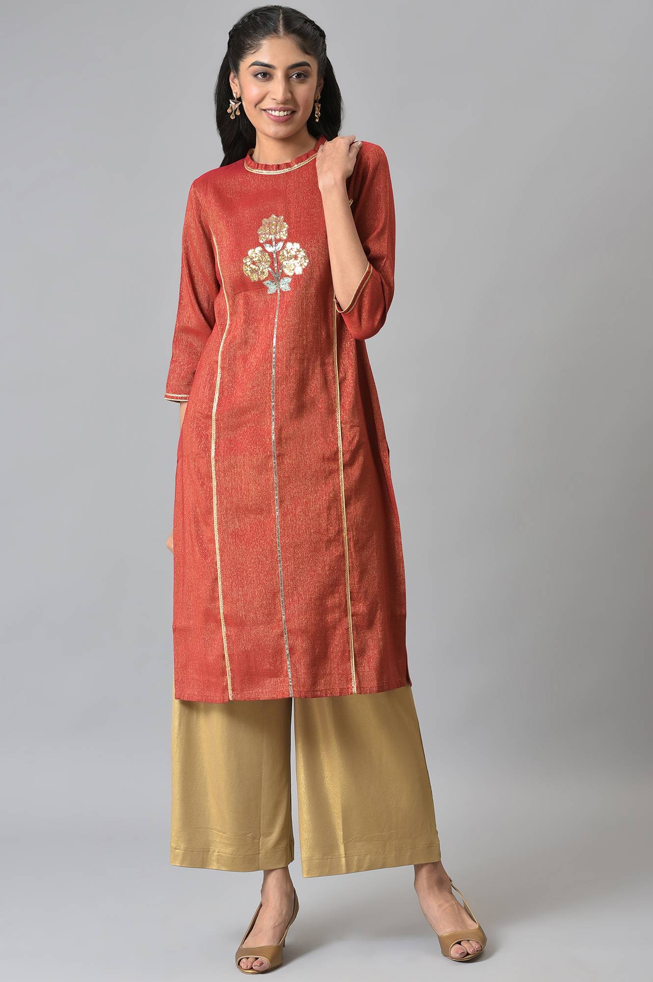 Red Dual Tone Zari Embroidered kurta