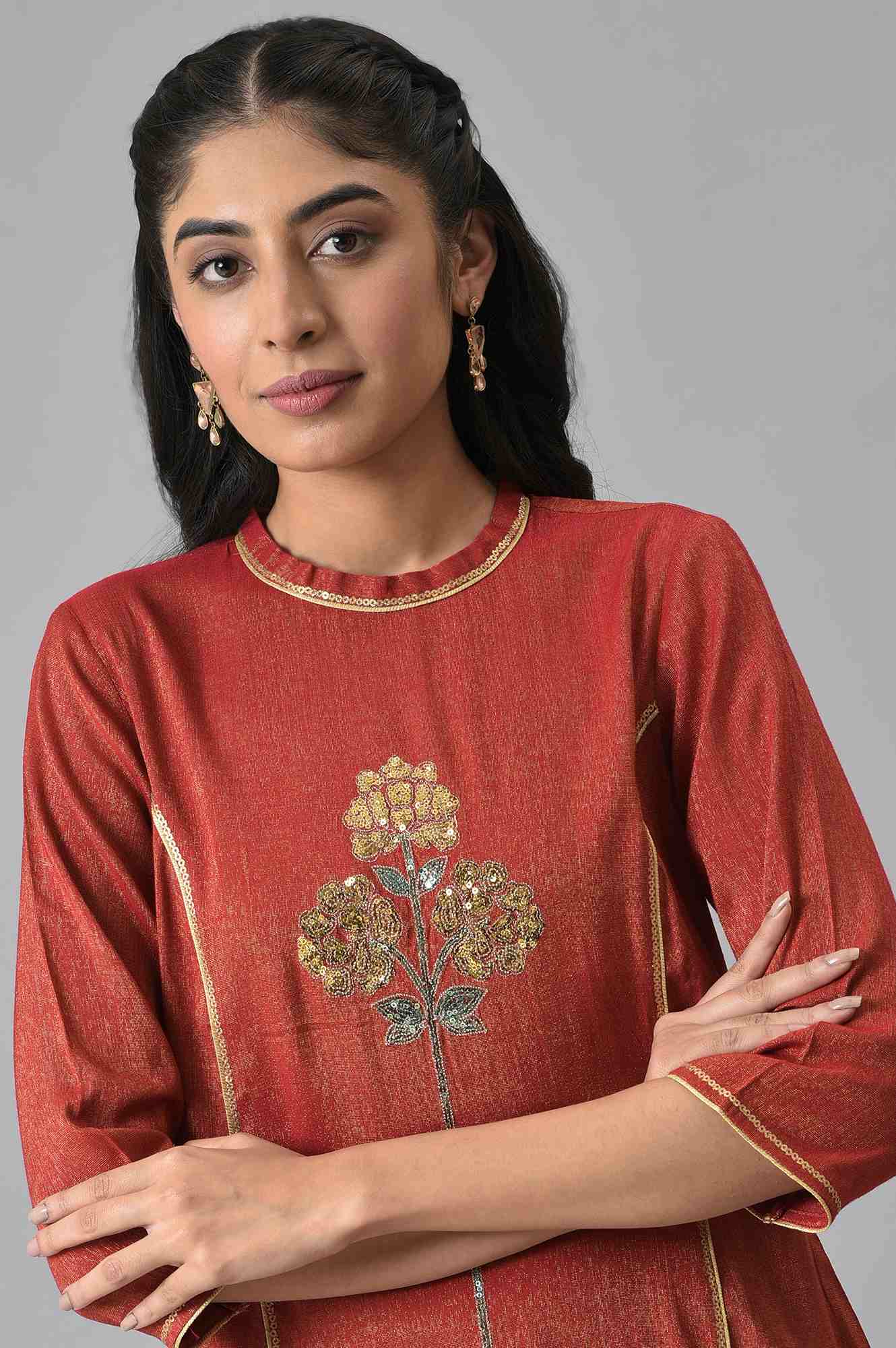 Red Dual Tone Zari Embroidered kurta