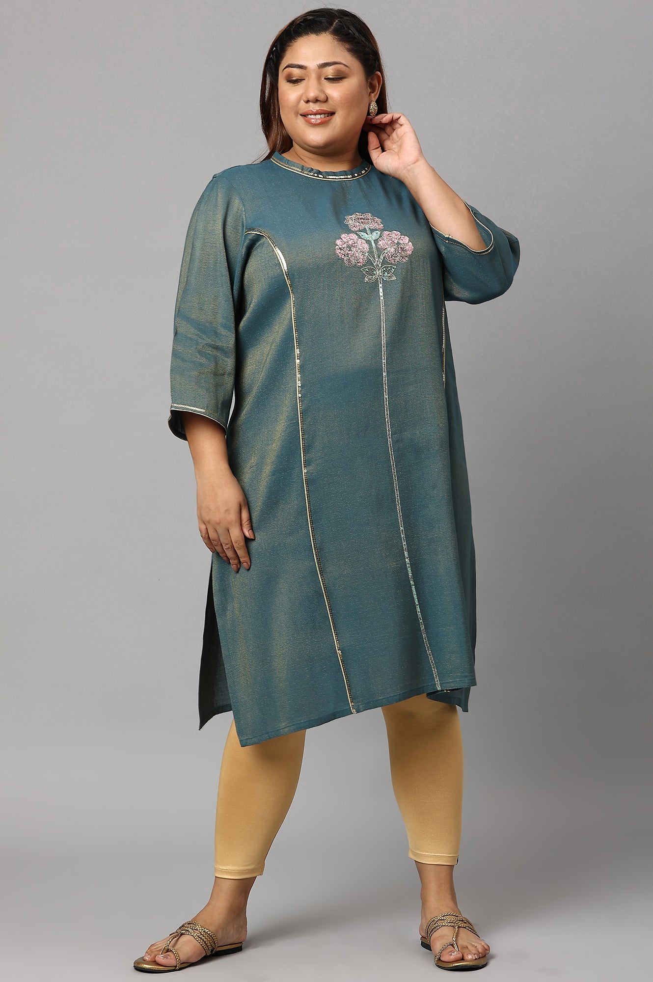 Blue Dual Tone Zari Embroidered Plus Size kurta