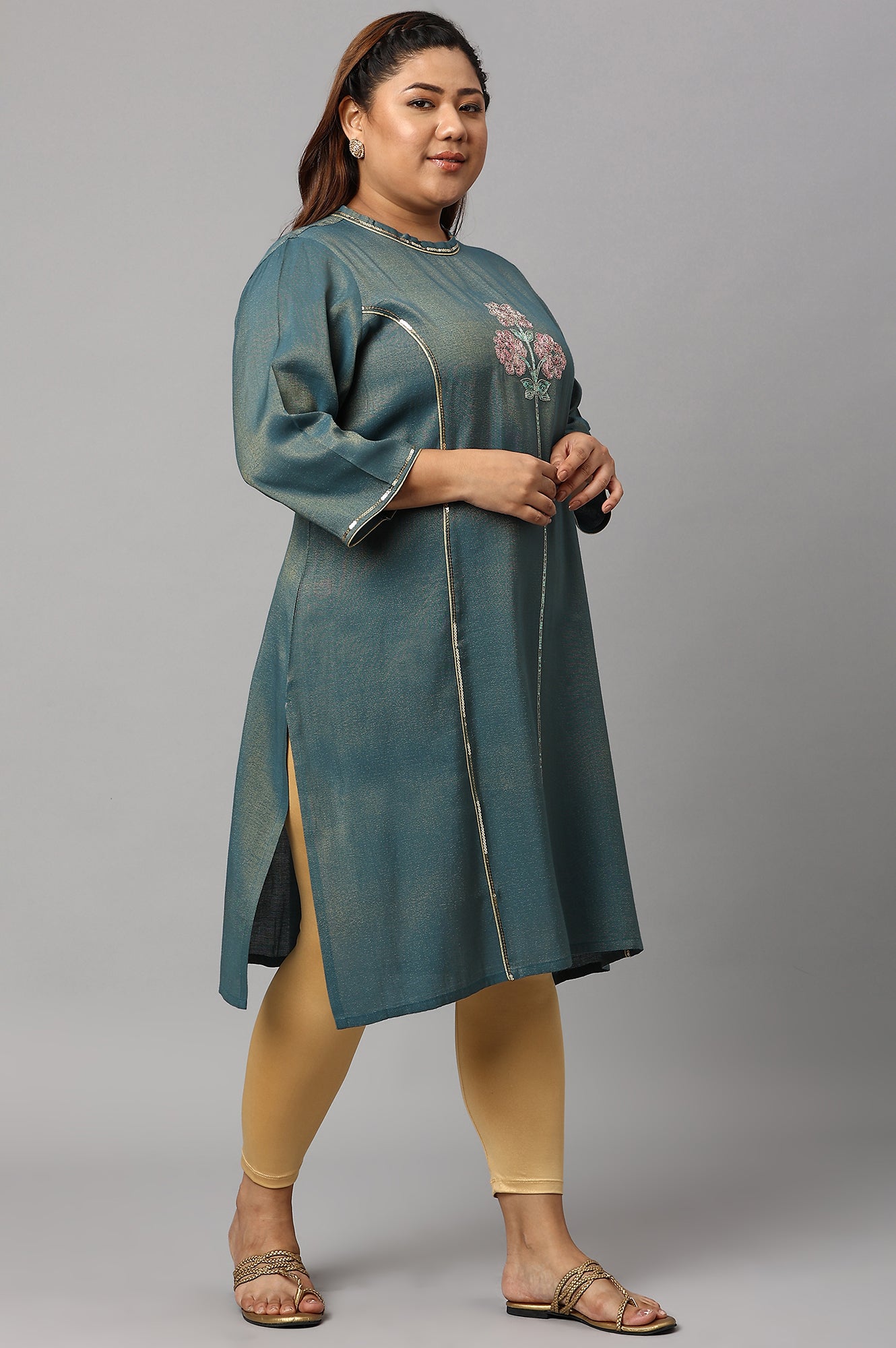 Blue Dual Tone Zari Embroidered Plus Size kurta