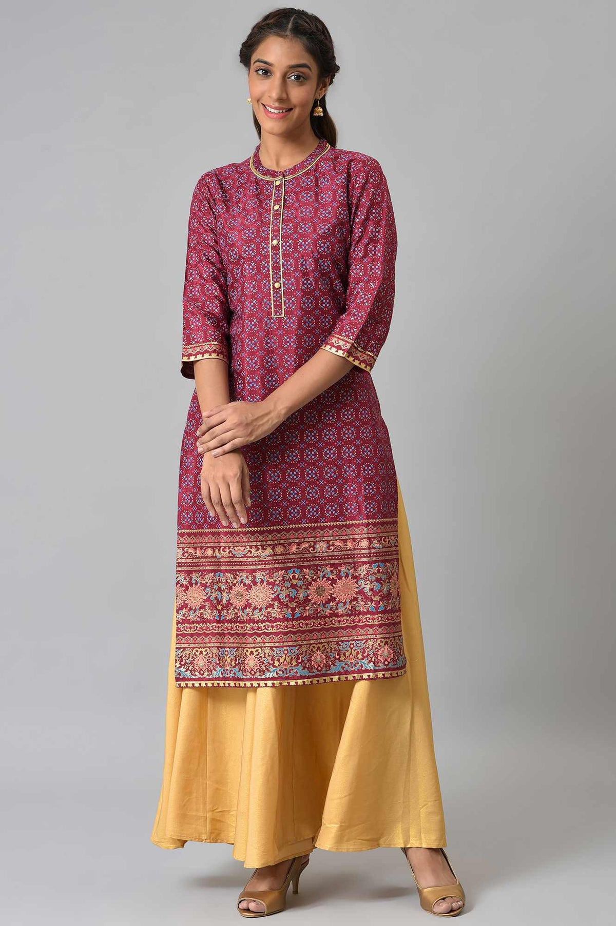 Maroon Foil Printed Shantung LIVA kurta - S