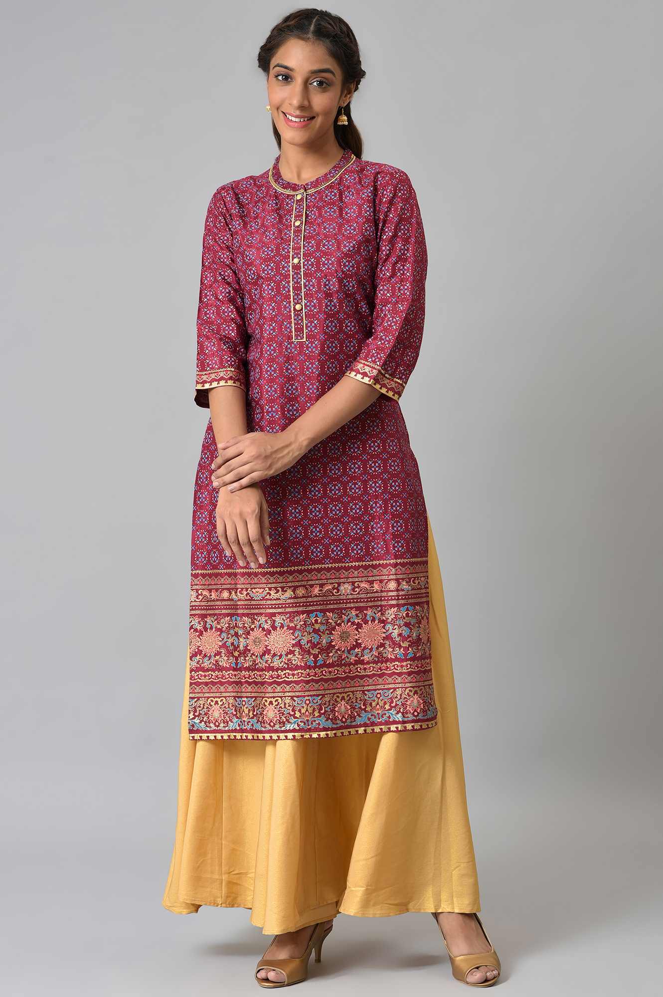 Maroon Foil Printed Shantung LIVA kurta