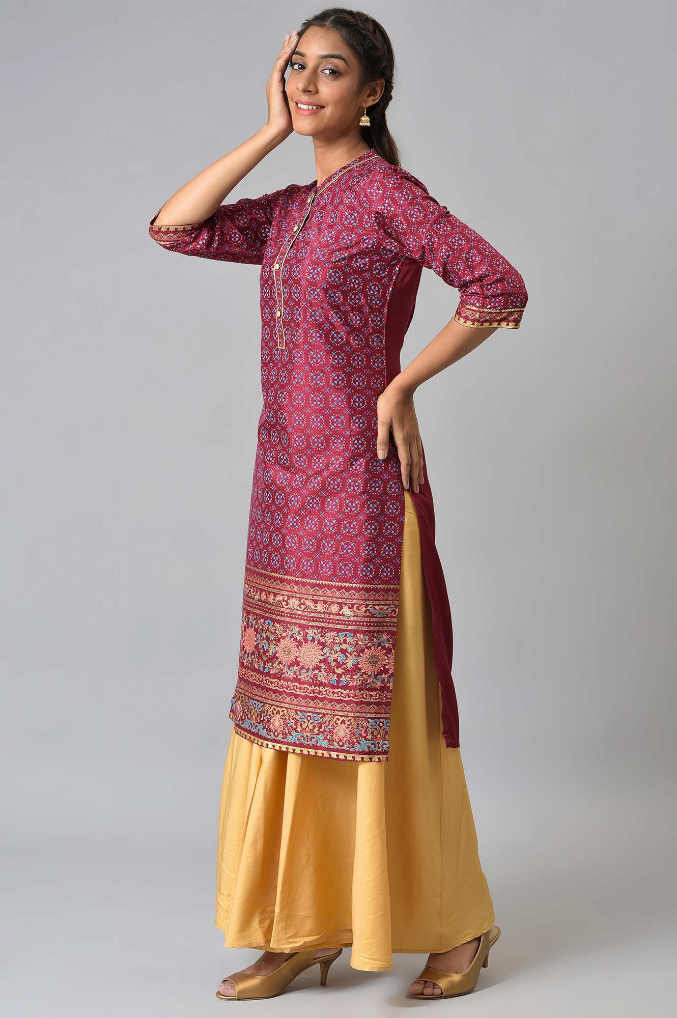 Maroon Foil Printed Shantung LIVA kurta