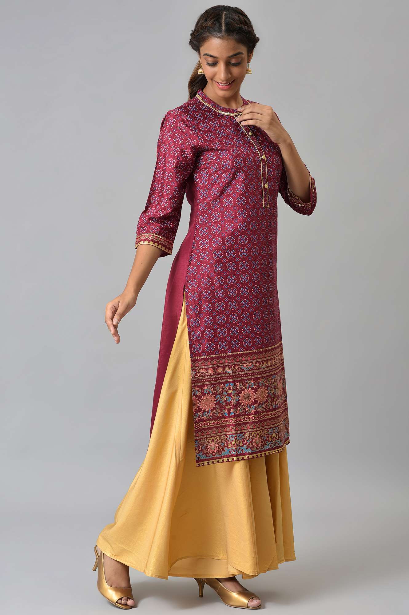 Maroon Foil Printed Shantung LIVA kurta