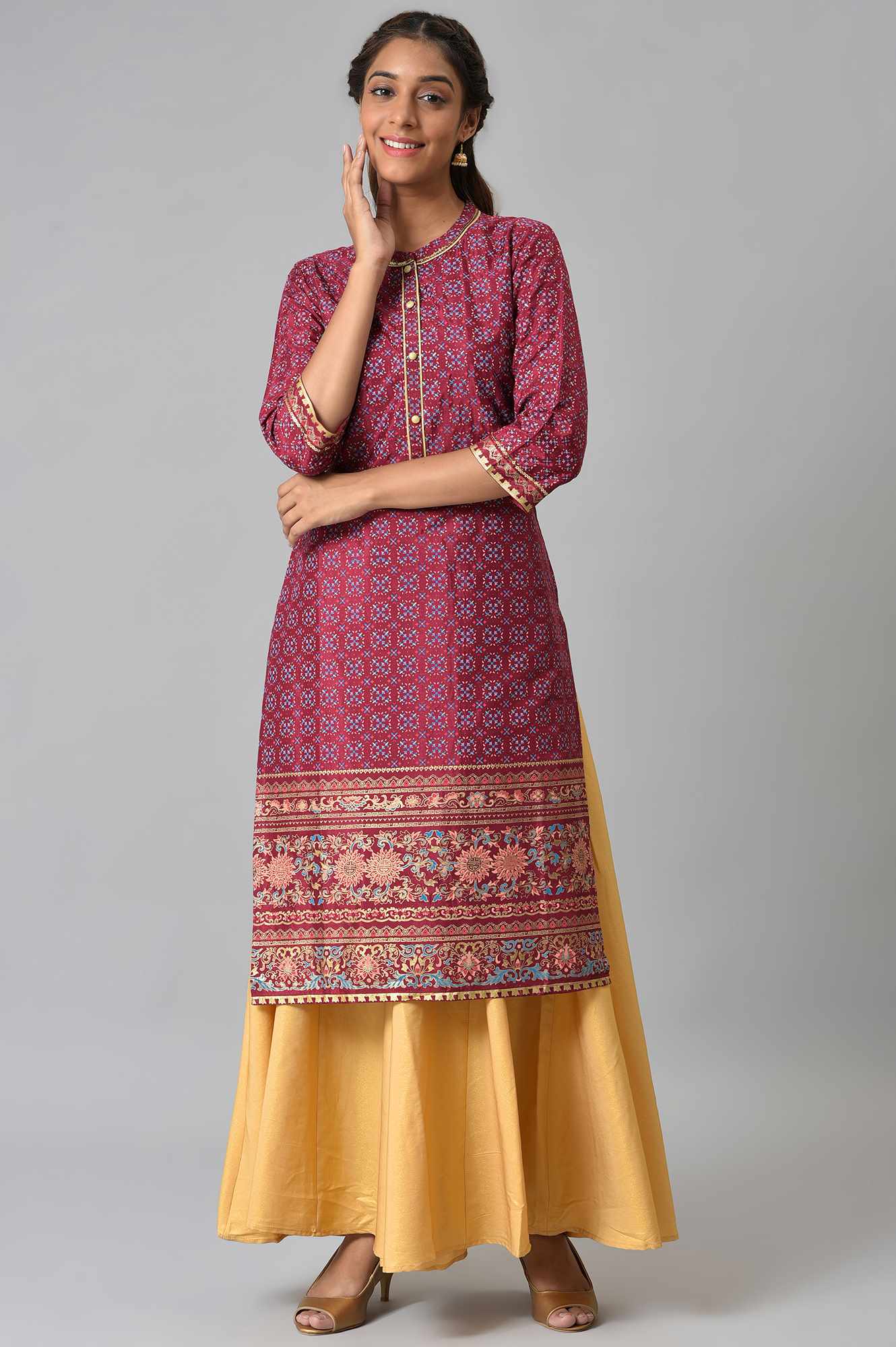 Maroon Foil Printed Shantung LIVA kurta