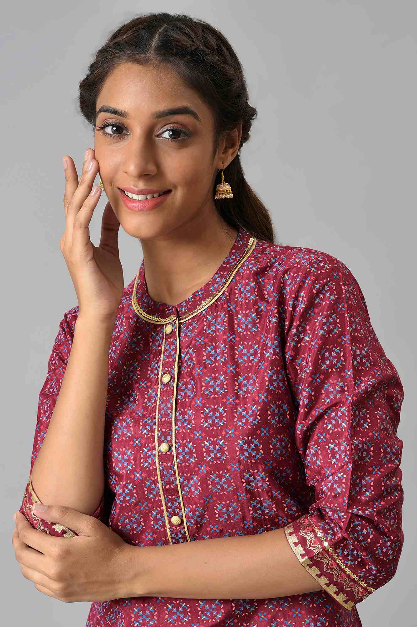 Maroon Foil Printed Shantung LIVA kurta