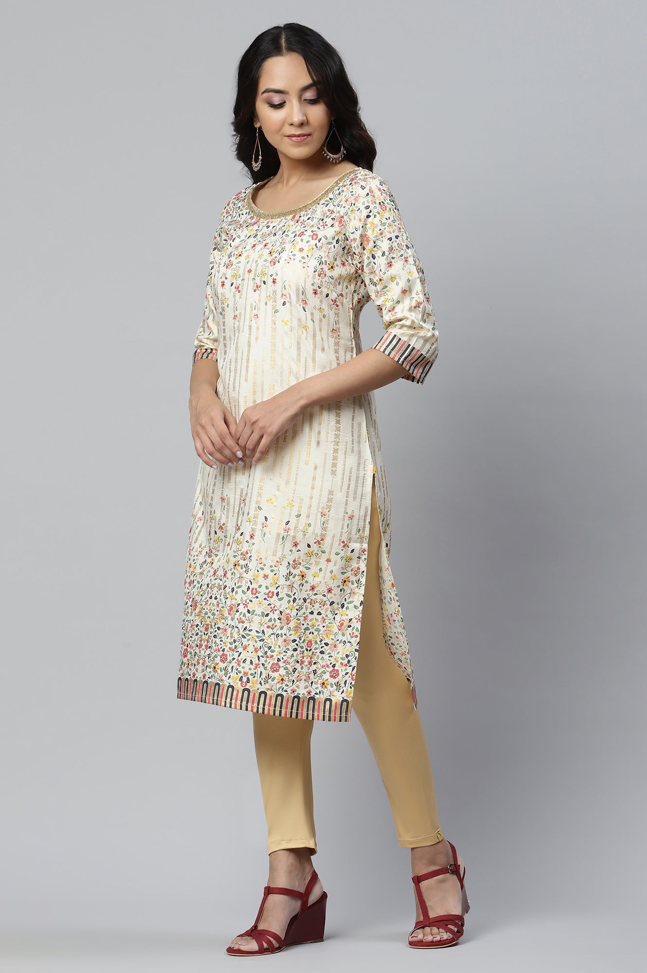 Beige Kuchai Silk Ethnic kurta