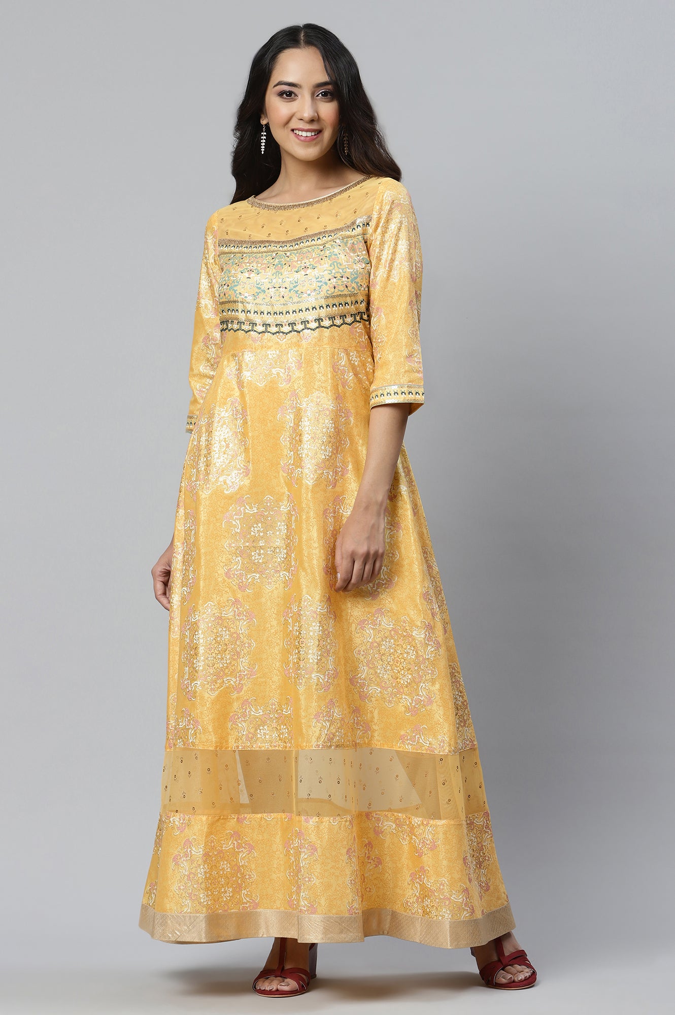 Yellow Printed Dress wirh Cutout Details