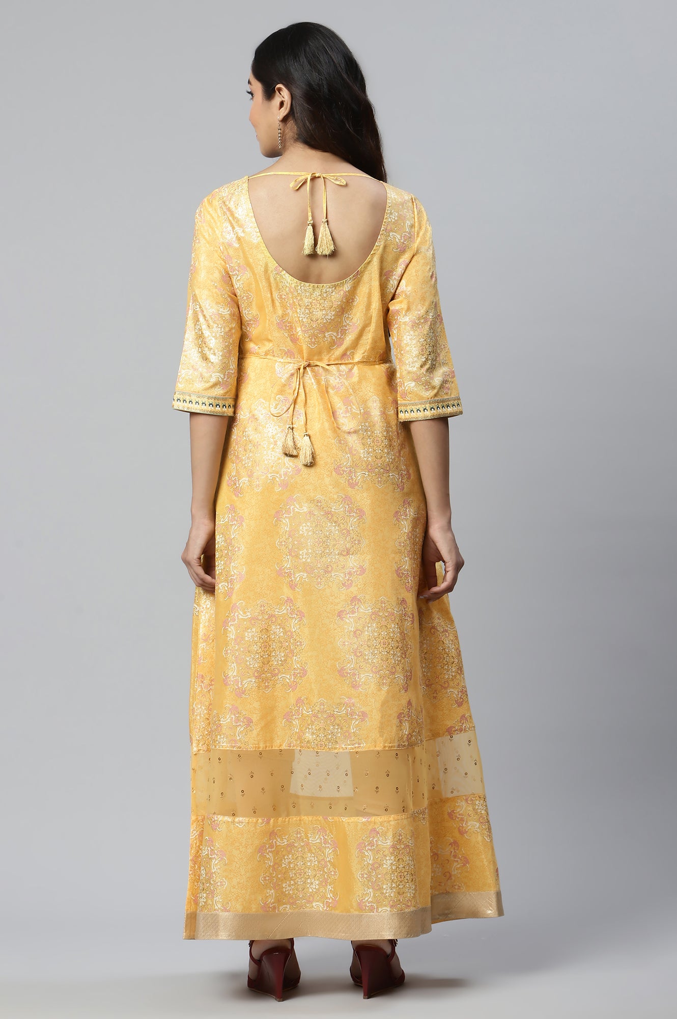 Yellow Printed Dress wirh Cutout Details