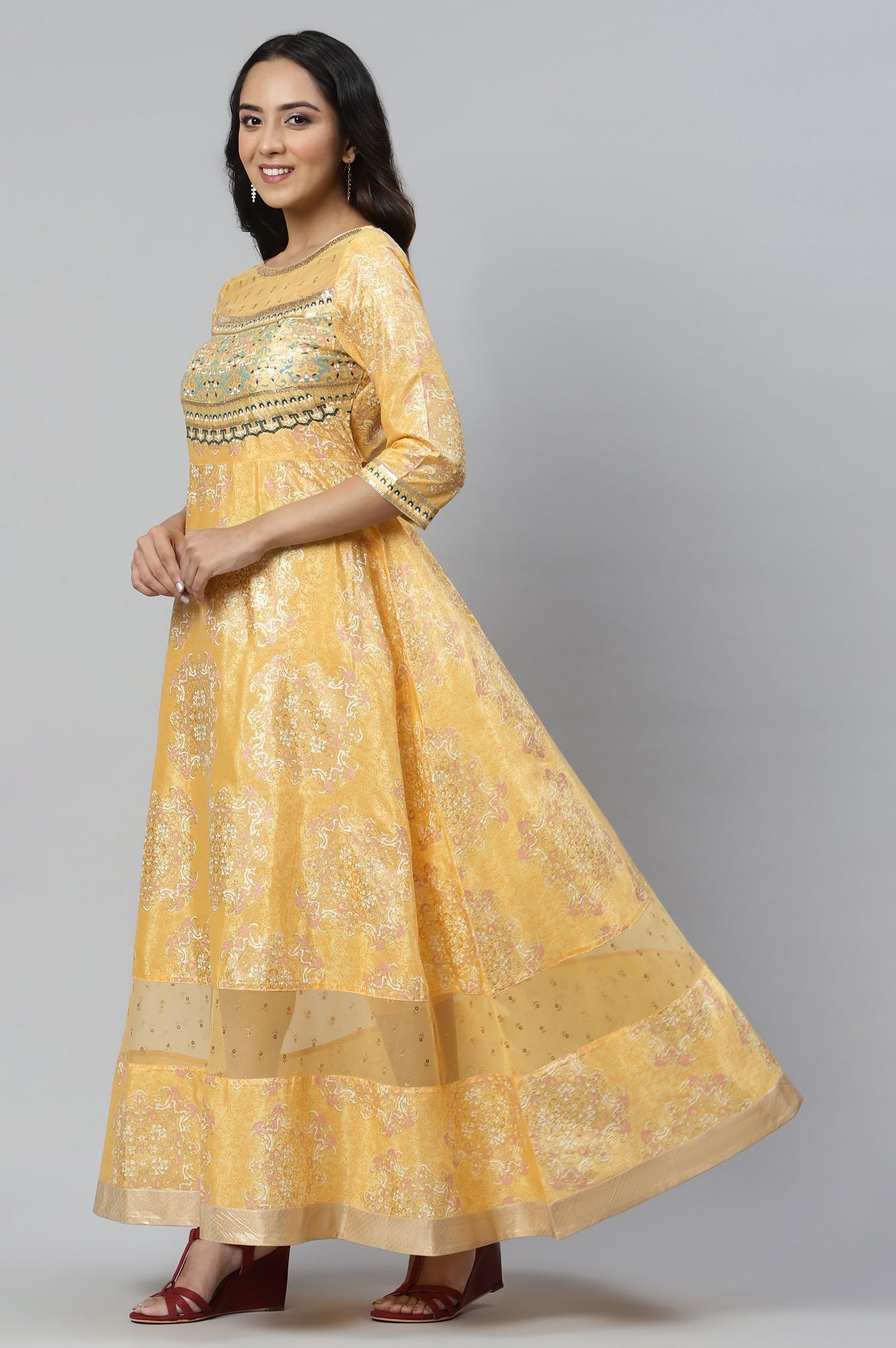 Yellow Printed Dress wirh Cutout Details