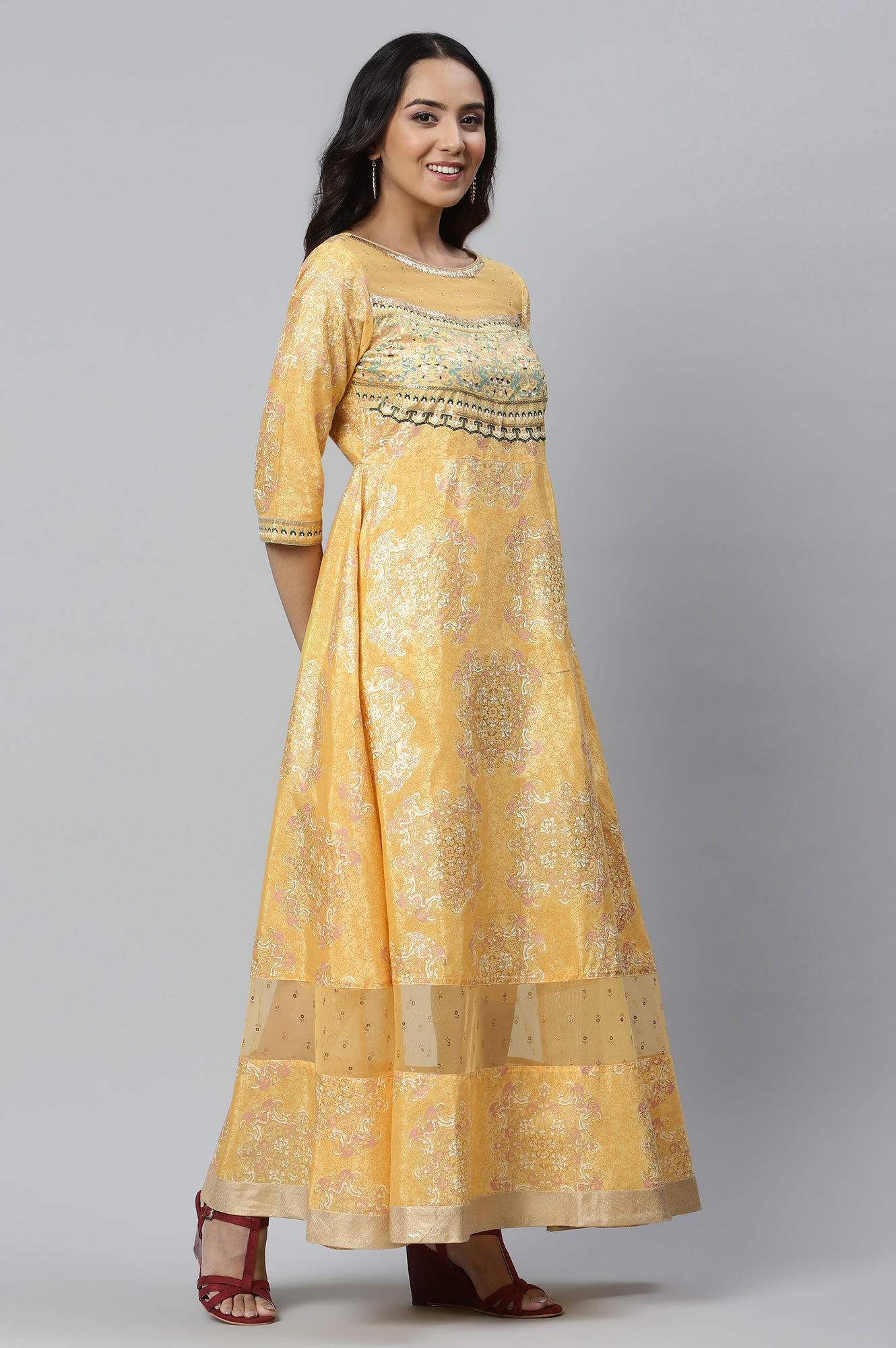 Yellow Printed Dress wirh Cutout Details