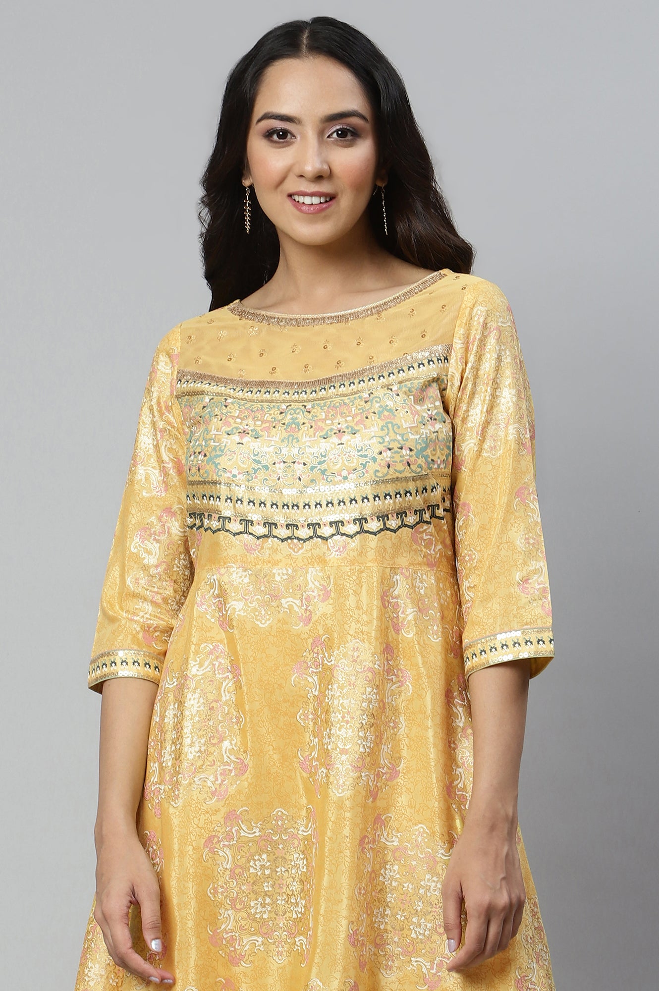 Yellow Printed Dress wirh Cutout Details