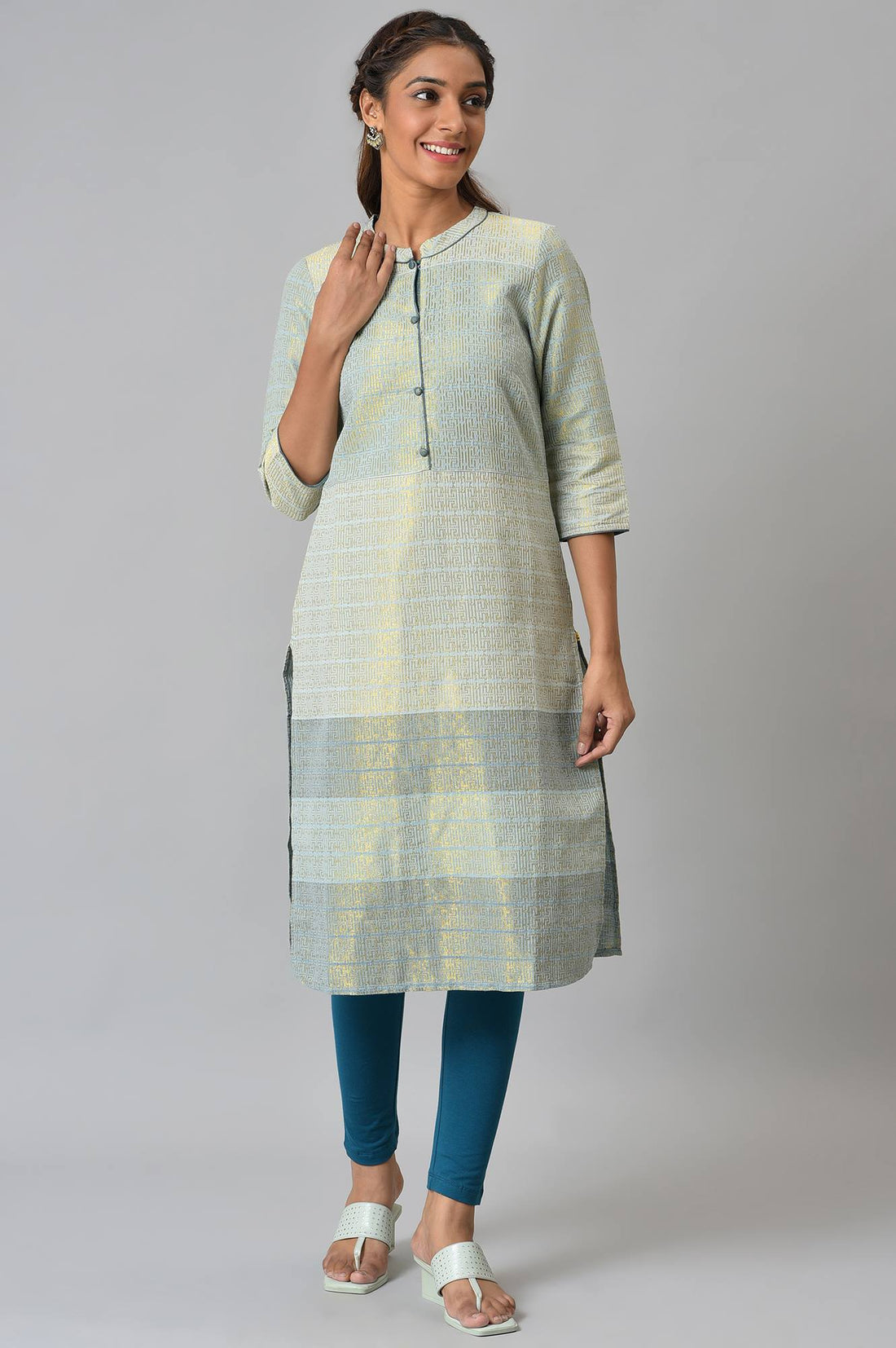 Green Geometric Print Zari Straight Cotton Kurta