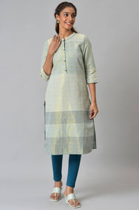 Green Geometric Print Zari Straight Cotton Kurta
