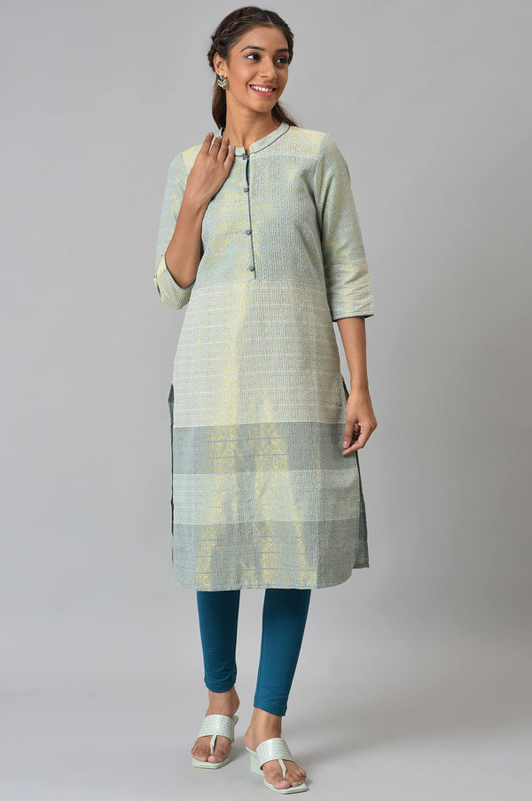 Green Geometric Print Zari Straight Cotton Kurta