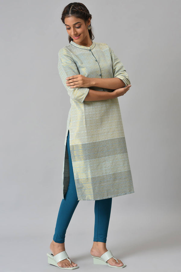 Green Geometric Print Zari Straight Cotton Kurta