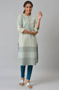 Green Geometric Print Zari Straight Cotton Kurta