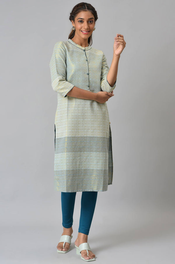 Green Geometric Print Zari Straight Cotton Kurta