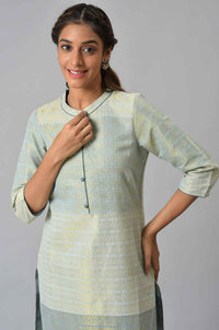 Green Geometric Print Zari Straight Cotton Kurta