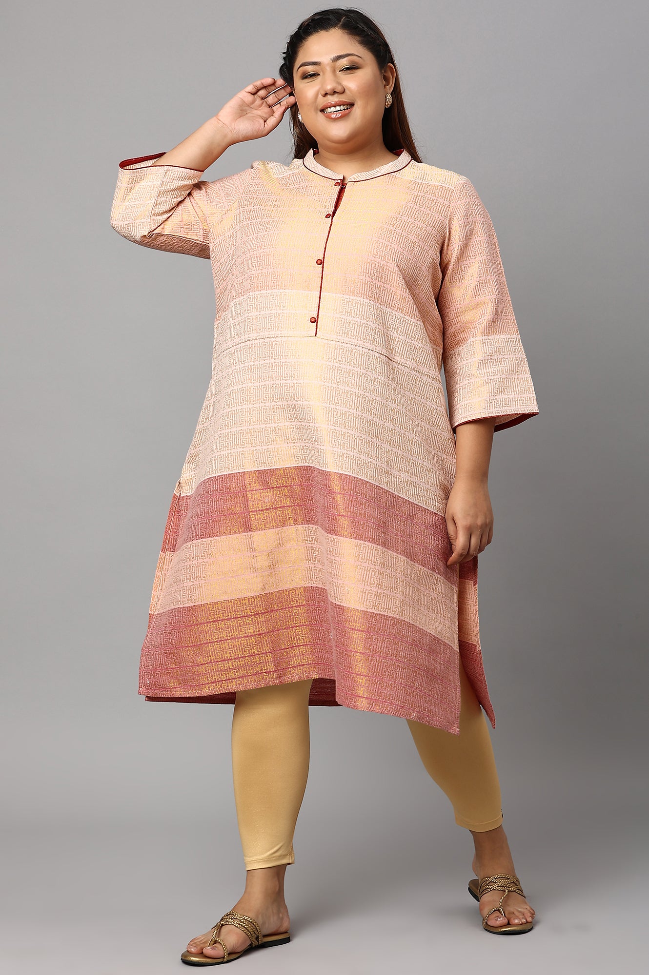 Multi and Burnt Peach Dobby Straight Plus Size kurta