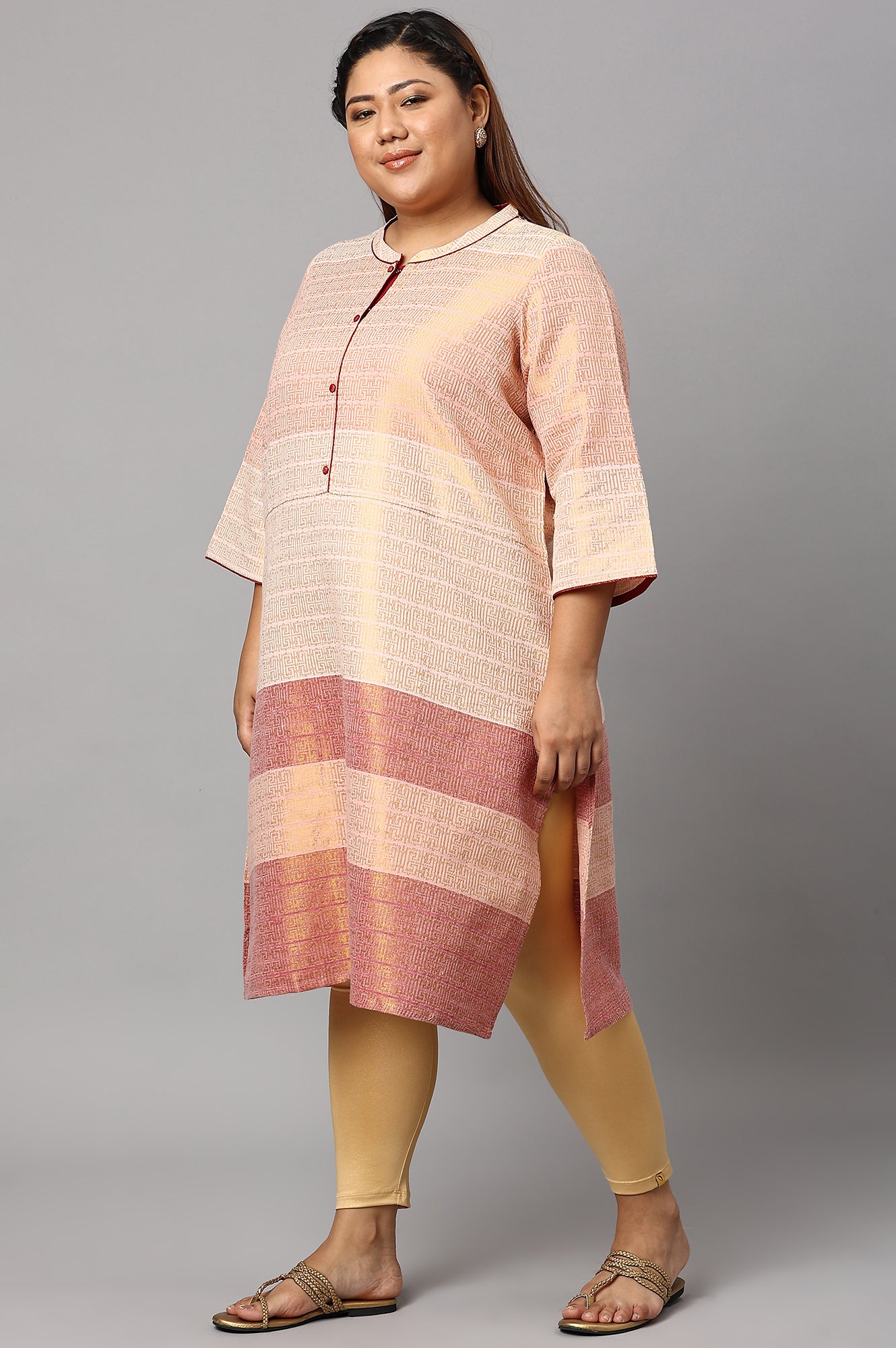 Multi and Burnt Peach Dobby Straight Plus Size kurta