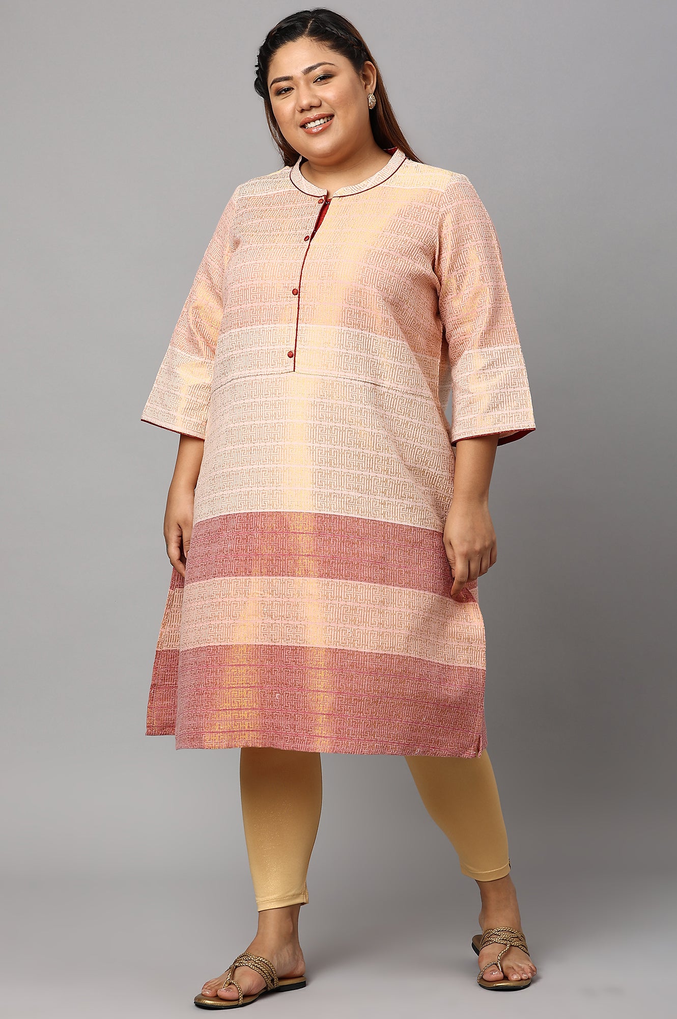 Multi and Burnt Peach Dobby Straight Plus Size kurta