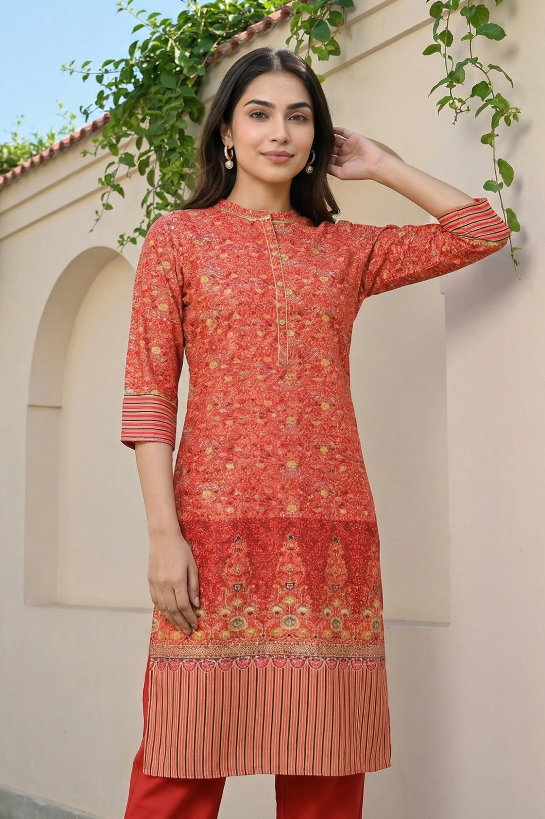 Red Foil Floral Printed Printed Sequined Mandarin Collar Straight Kurta