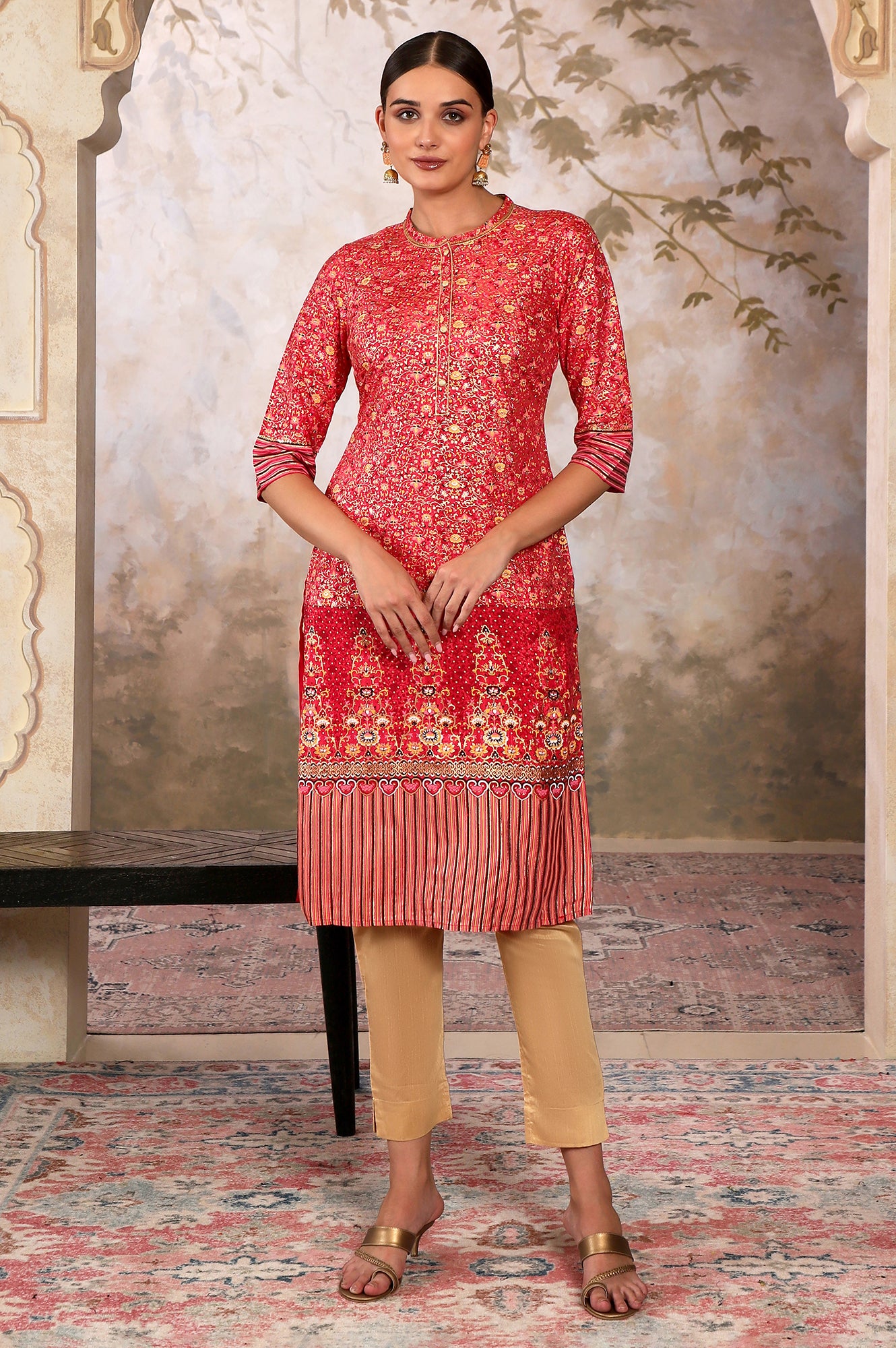 Red Foil Floral Printed Printed Sequined Mandarin Collar Straight Kurta