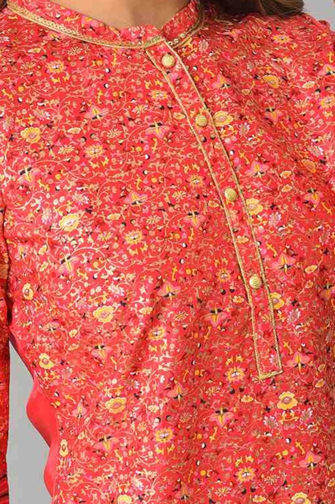 Red Foil Floral Printed Printed Sequined Mandarin Collar Straight Kurta