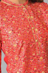 Red Foil Floral Printed Printed Sequined Mandarin Collar Straight Kurta
