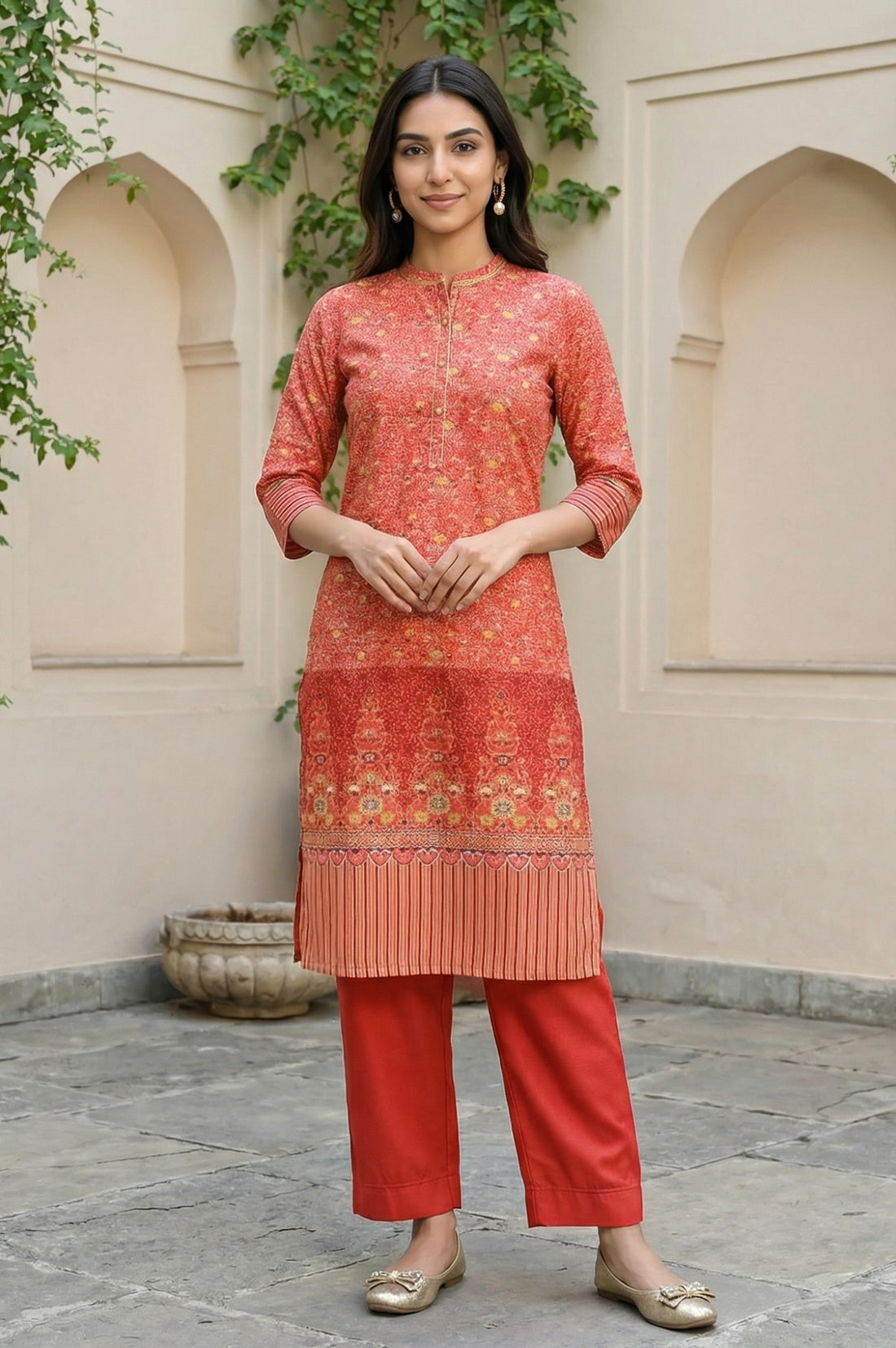 Red Foil Floral Printed Printed Sequined Mandarin Collar Straight Kurta