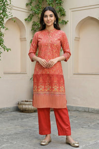 Red Foil Floral Printed Printed Sequined Mandarin Collar Straight Kurta