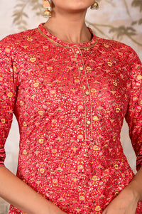 Red Foil Floral Printed Printed Sequined Mandarin Collar Straight Kurta