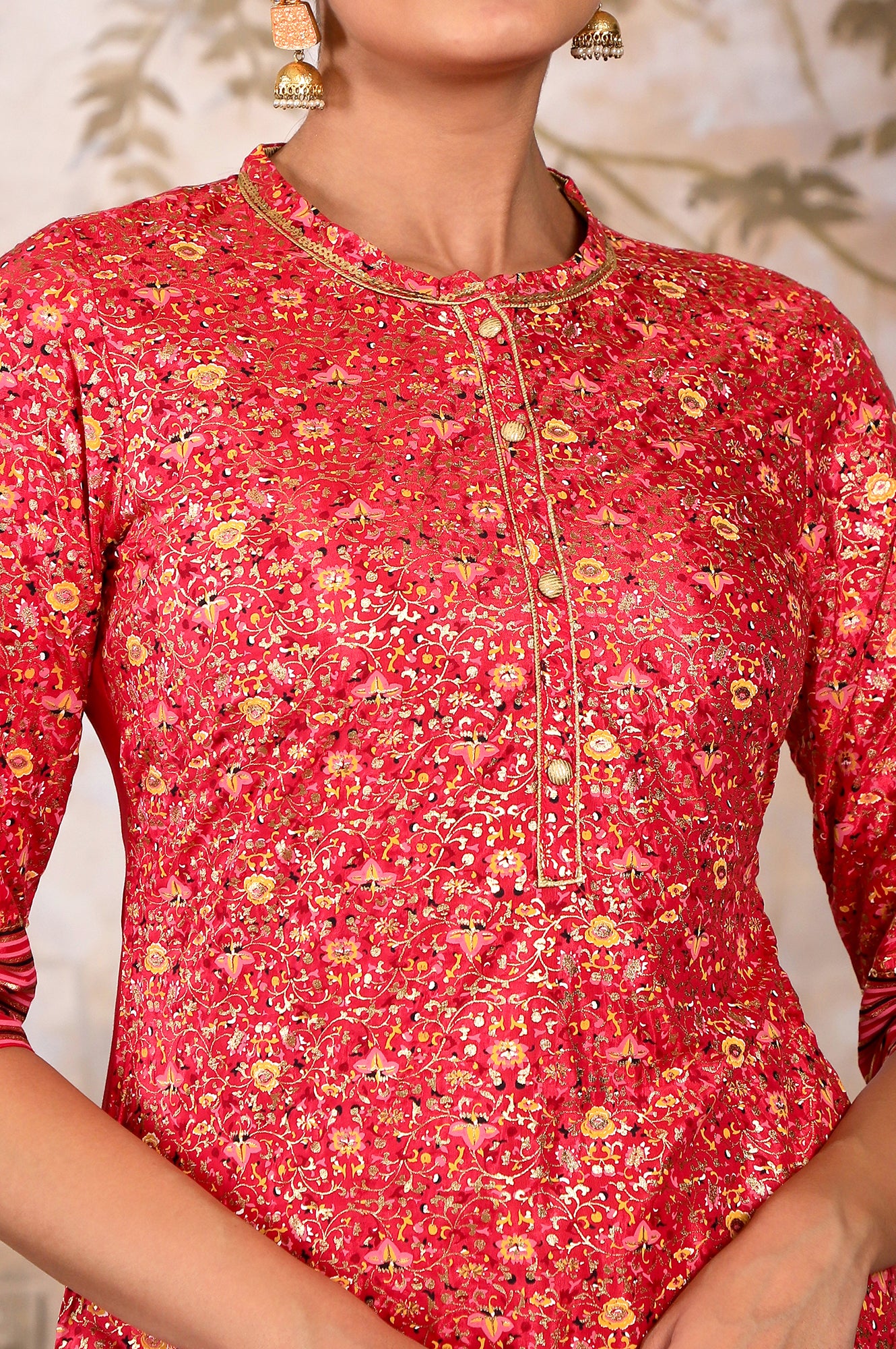 Red Foil Floral Printed Printed Sequined Mandarin Collar Straight Kurta