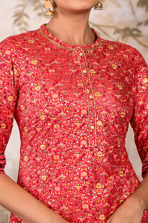 Red Foil Floral Printed Printed Sequined Mandarin Collar Straight Kurta