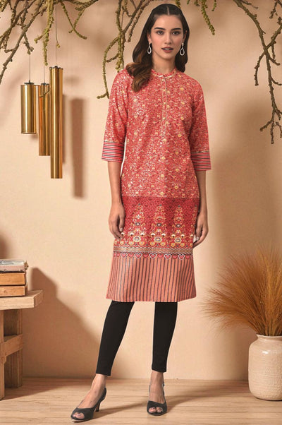 Red Foil Floral Printed Printed Sequined Mandarin Collar Straight Kurta