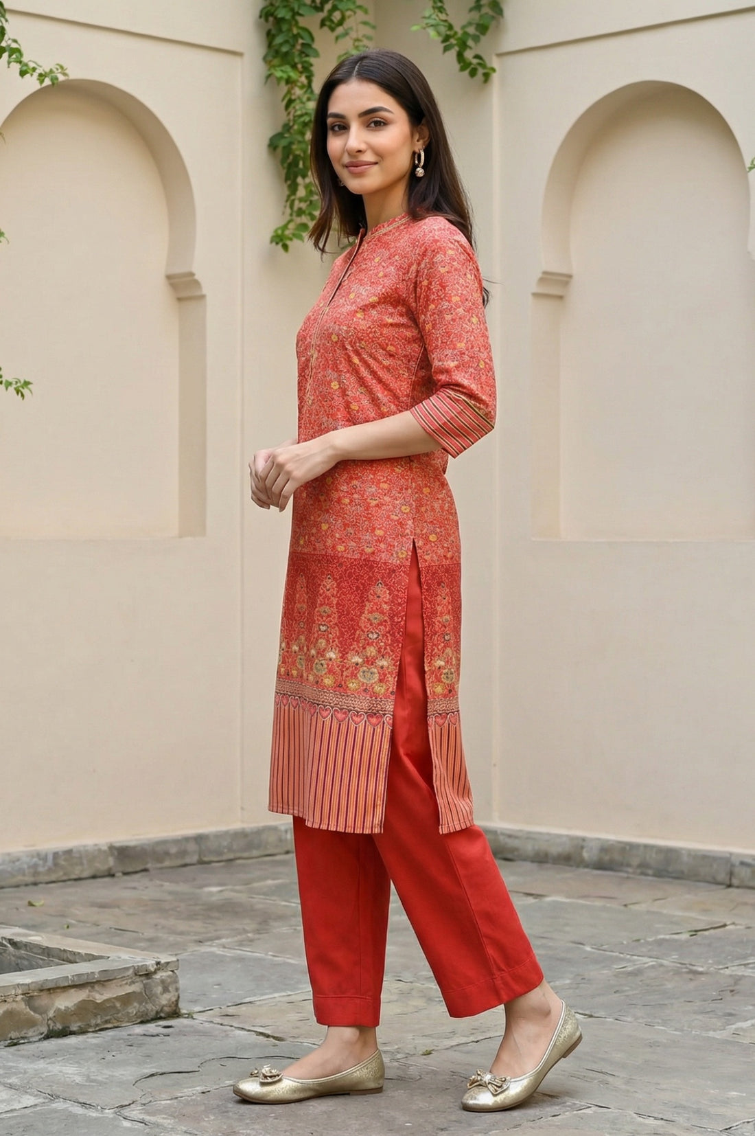 Red Foil Floral Printed Printed Sequined Mandarin Collar Straight Kurta