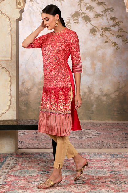 Red Foil Floral Printed Printed Sequined Mandarin Collar Straight Kurta