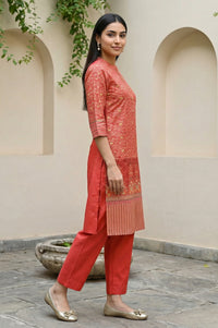 Red Foil Floral Printed Printed Sequined Mandarin Collar Straight Kurta