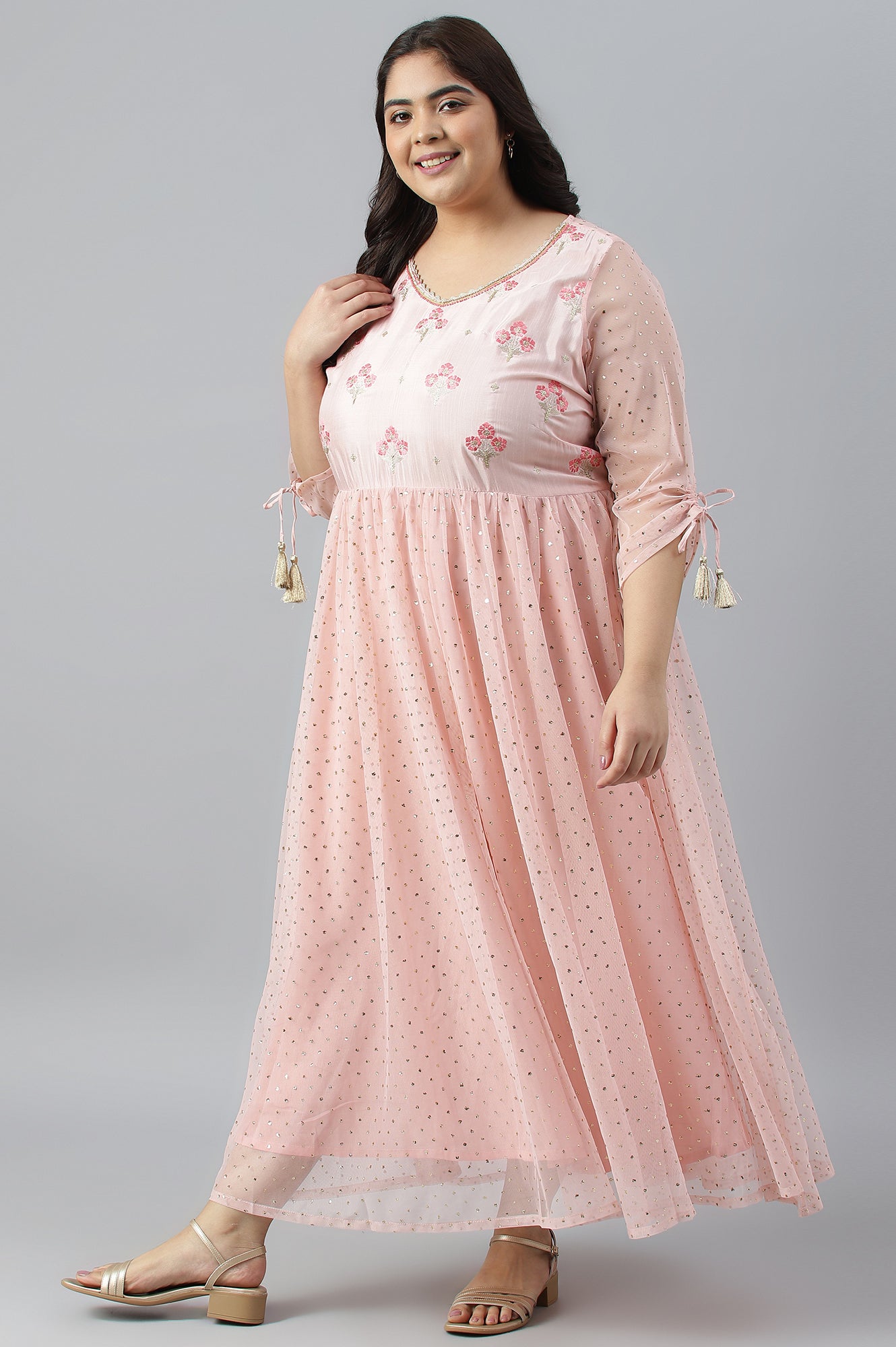 Pink A-Line Glitter Print Plus Size Dress