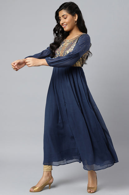 Blue Chiffon Gold Foil Printed LIVA Dress