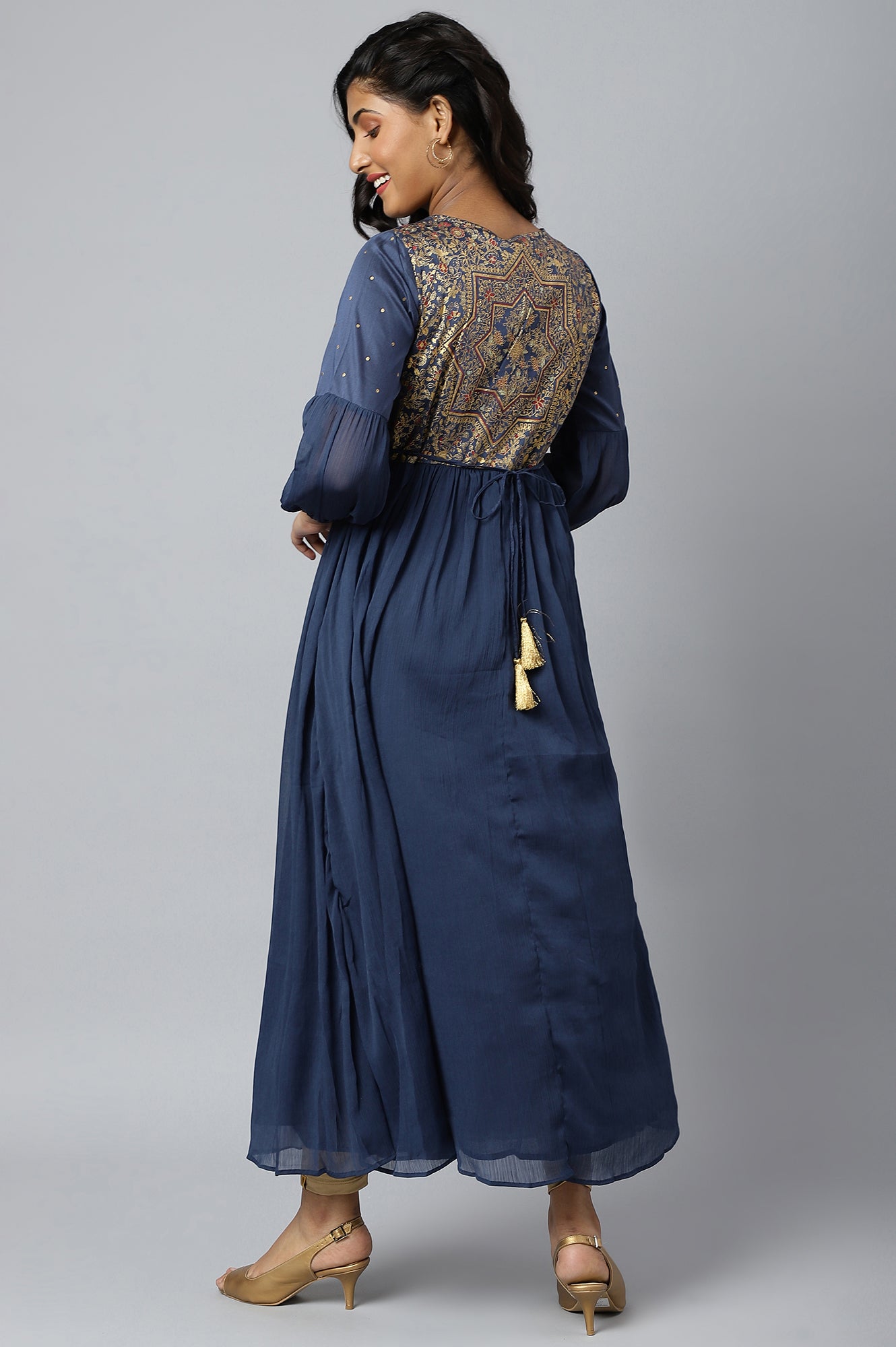 Blue Chiffon Gold Foil Printed LIVA Dress