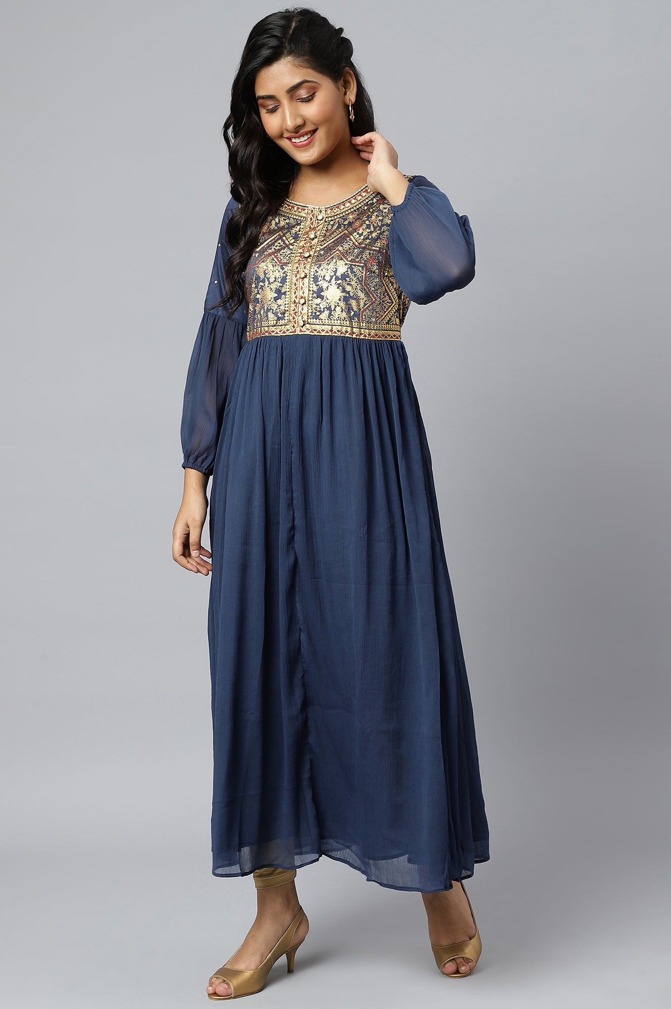 Blue Chiffon Gold Foil Printed LIVA Dress