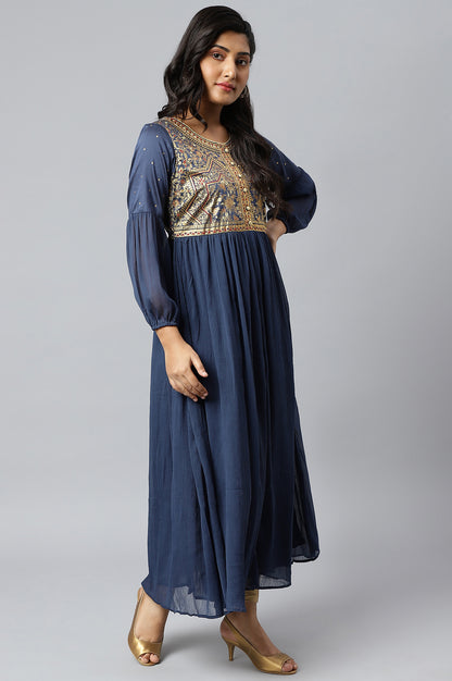 Blue Chiffon Gold Foil Printed LIVA Dress