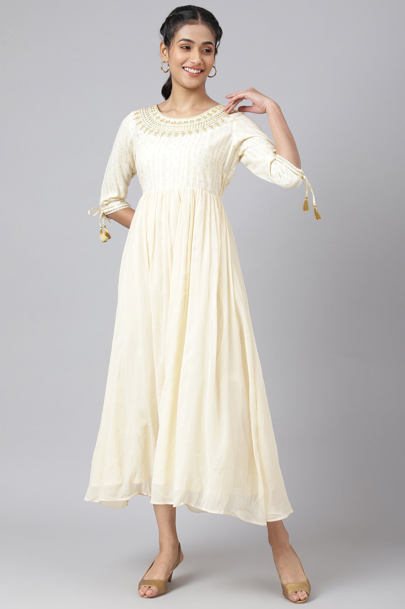 Cream Chiffon Dress with Gold Embroidery