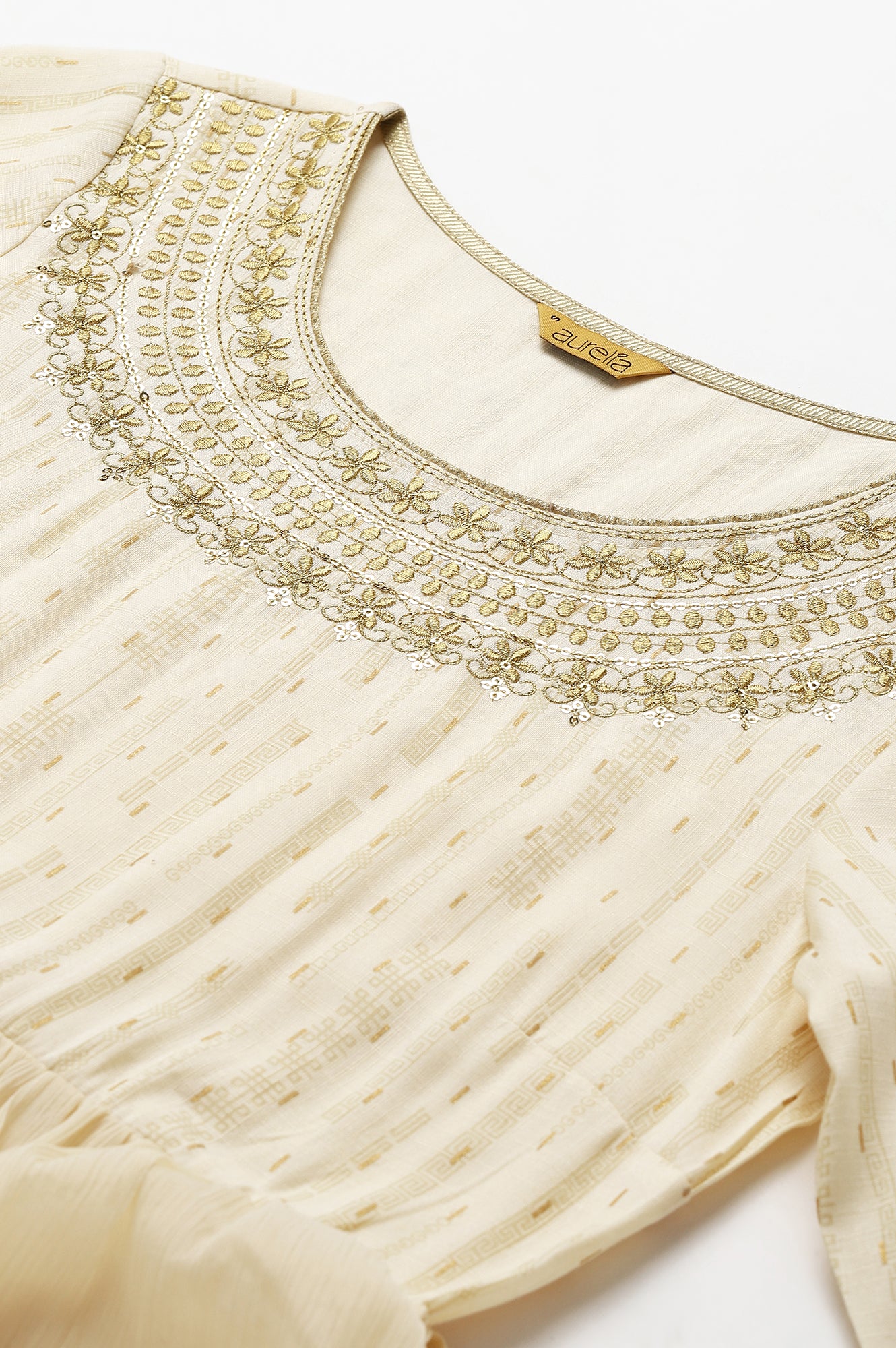 Cream Chiffon Dress with Gold Embroidery